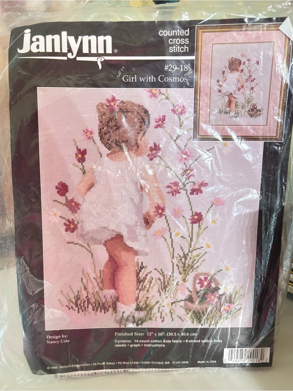Janlynn Cross-Stitch Art - Girl with Cosmos *Vintage*
